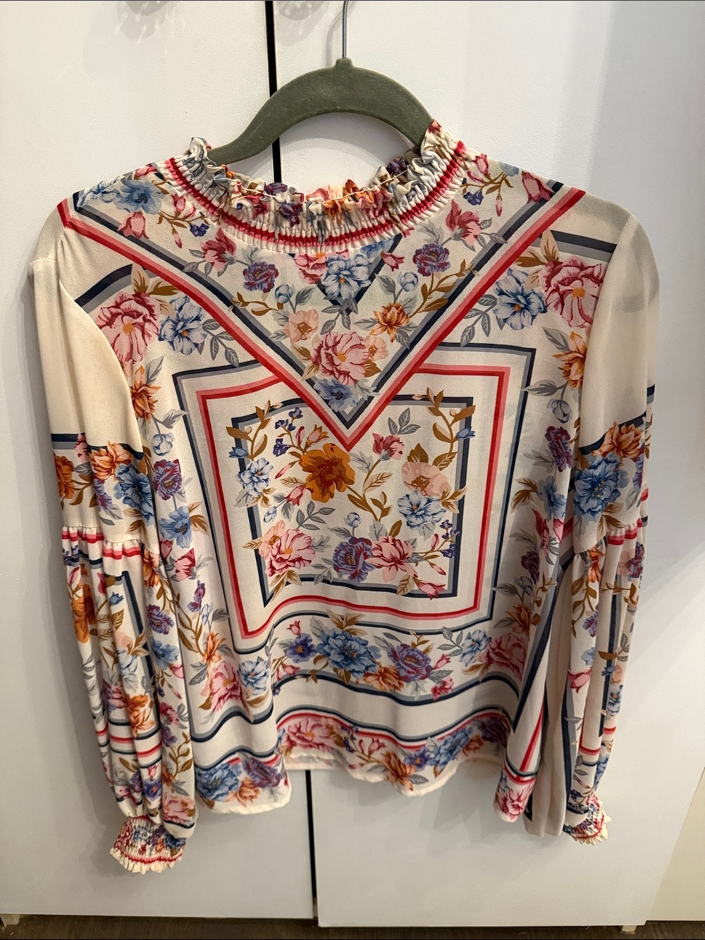 Jealous tomato Floral Smocked Neck Long Sleeve Top - Cream Multi